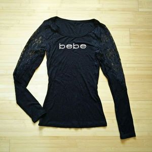 Bebe Ribbed & Floral Lace Swarovski Logo Top